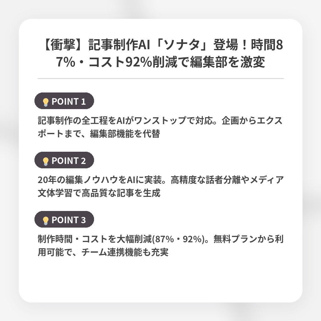 【衝撃】記事制作AI「ソナタ」登場！時間87%・コスト92%削減で編集部を激変の注目ポイントまとめ