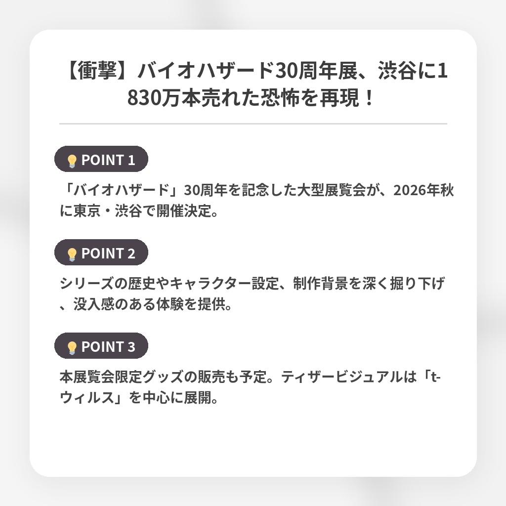 【衝撃】バイオハザード30周年展、渋谷に1830万本売れた恐怖を再現!の注目ポイントまとめ