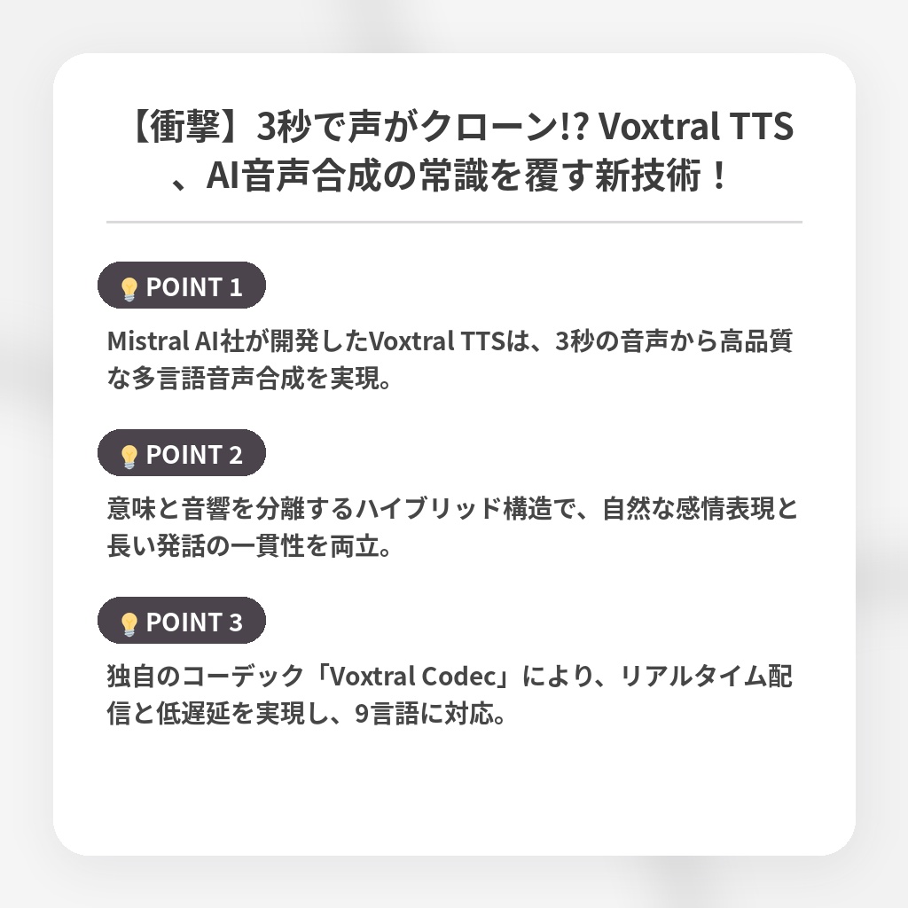 【衝撃】3秒で声がクローン!? Voxtral TTS、AI音声合成の常識を覆す新技術！の注目ポイントまとめ