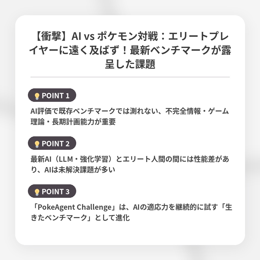 【衝撃】AI vs ポケモン対戦：エリートプレイヤーに遠く及ばず！最新ベンチマークが露呈した課題の注目ポイントまとめ