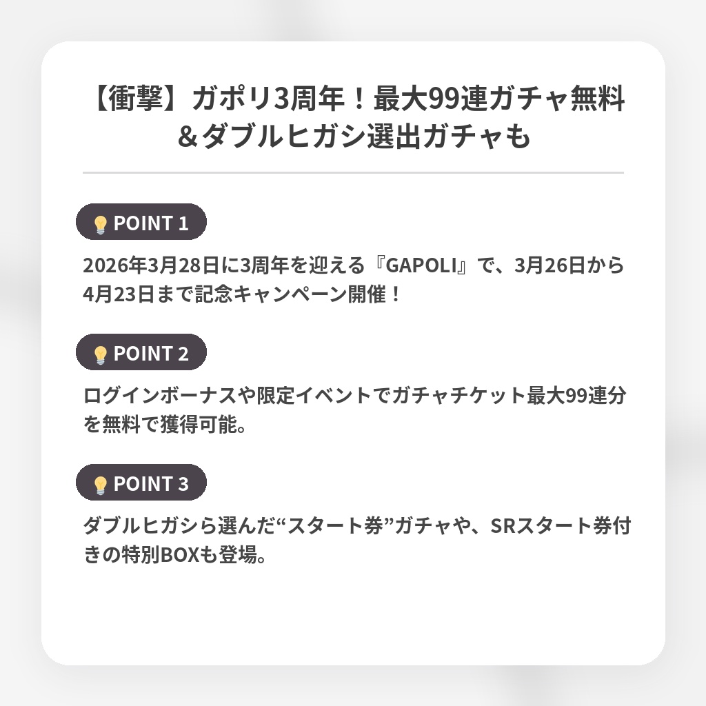 【衝撃】ガポリ3周年!最大99連ガチャ無料&ダブルヒガシ選出ガチャもの注目ポイントまとめ