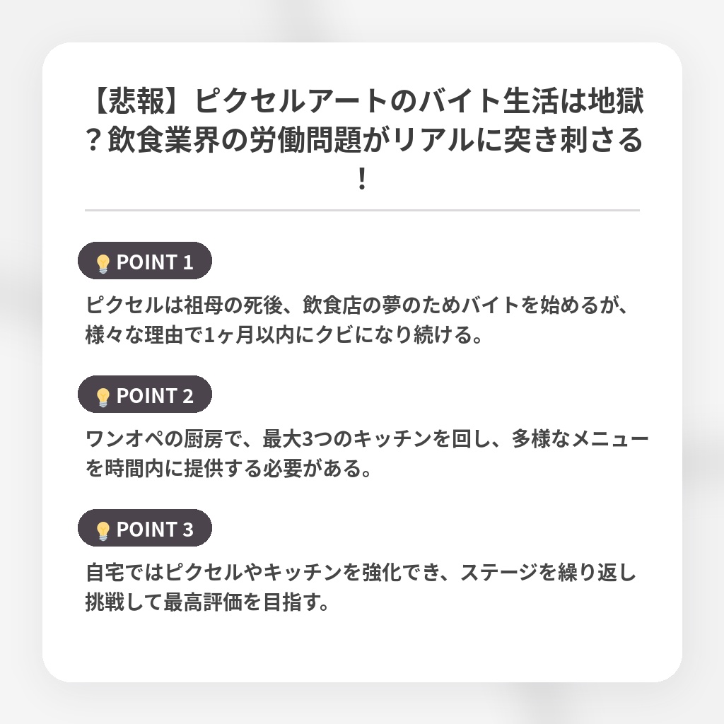 【悲報】ピクセルアートのバイト生活は地獄？飲食業界の労働問題がリアルに突き刺さる！の注目ポイントまとめ