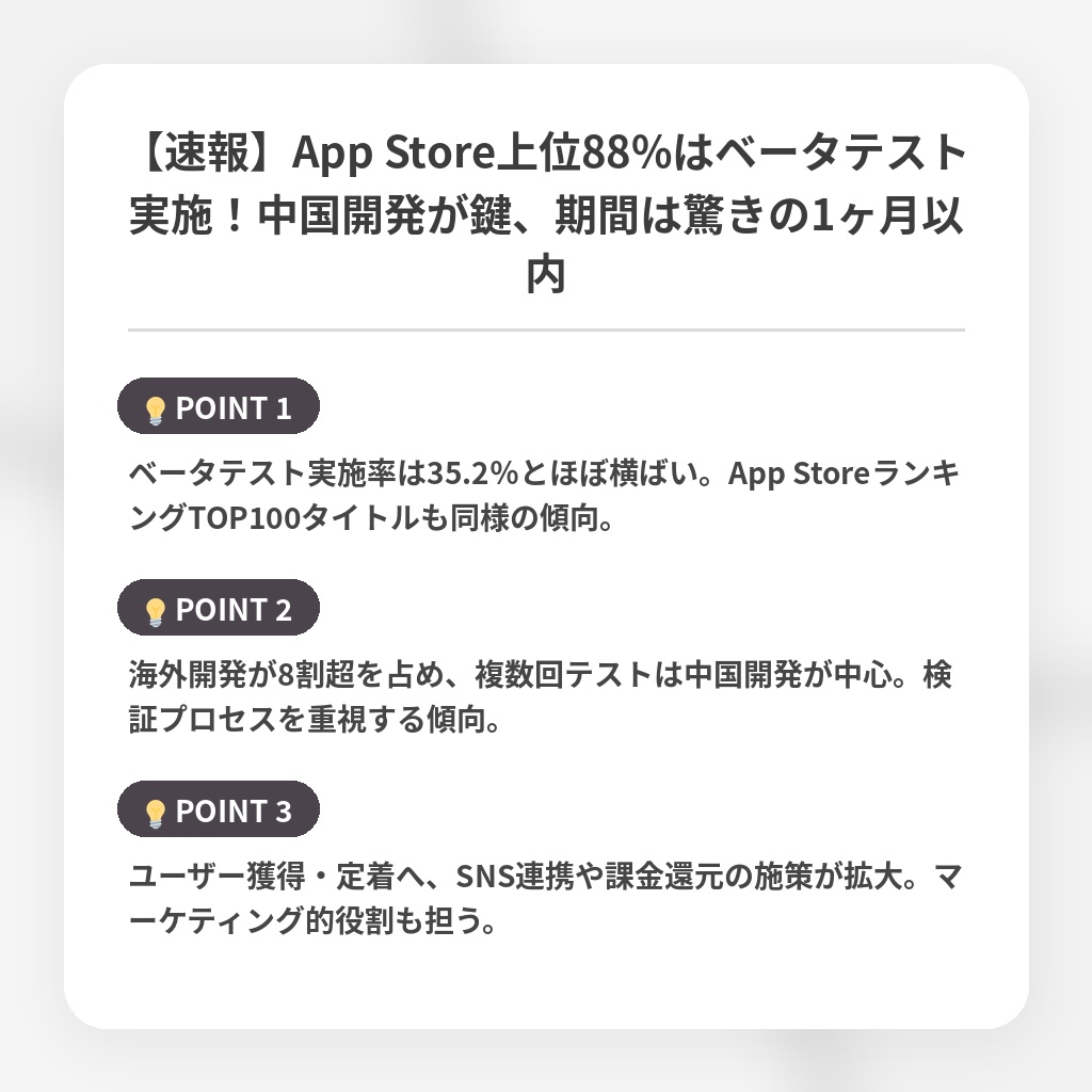 【速報】App Store上位88%はベータテスト実施！中国開発が鍵、期間は驚きの1ヶ月以内の注目ポイントまとめ