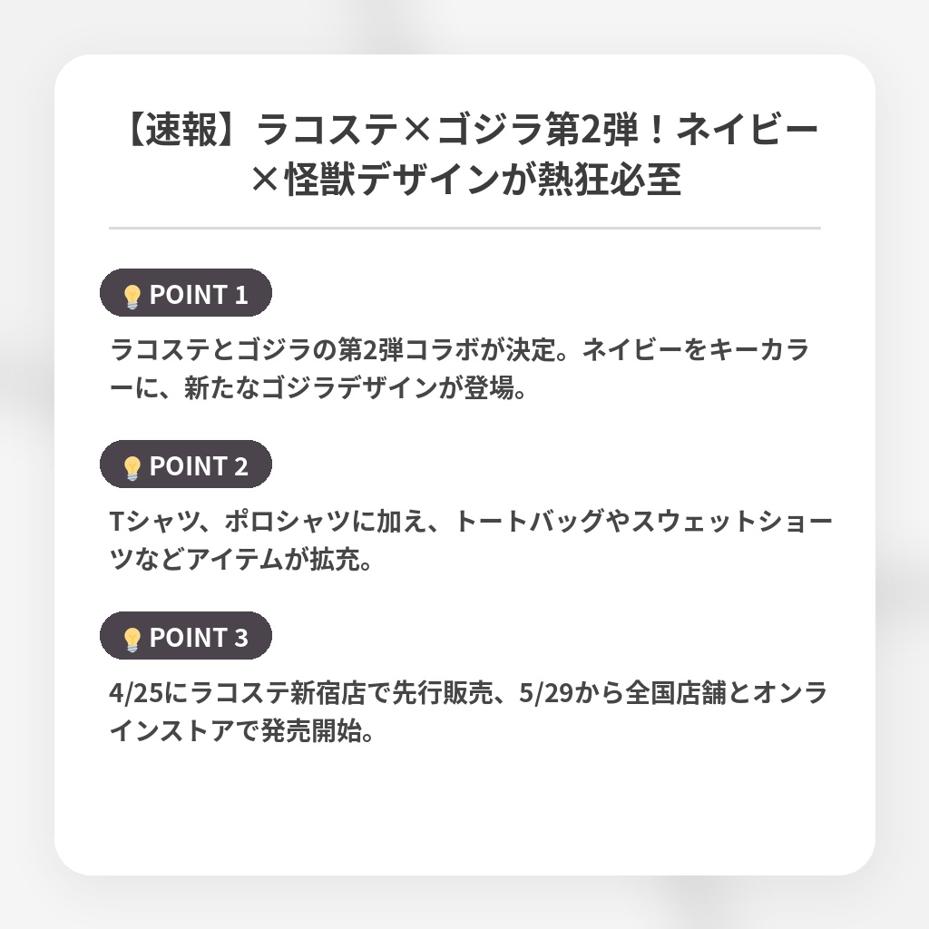 【速報】ラコステ×ゴジラ第2弾！ネイビー×怪獣デザインが熱狂必至の注目ポイントまとめ