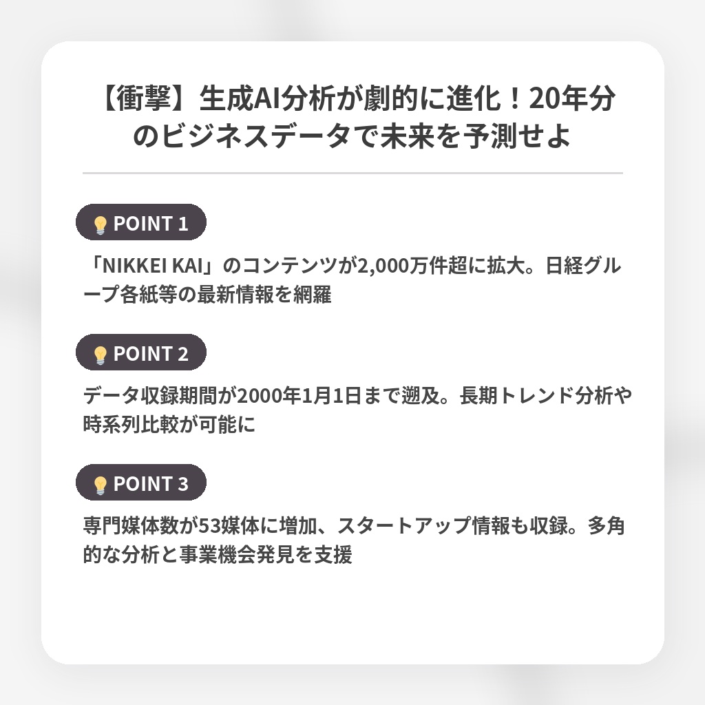 【衝撃】生成AI分析が劇的に進化！20年分のビジネスデータで未来を予測せよの注目ポイントまとめ