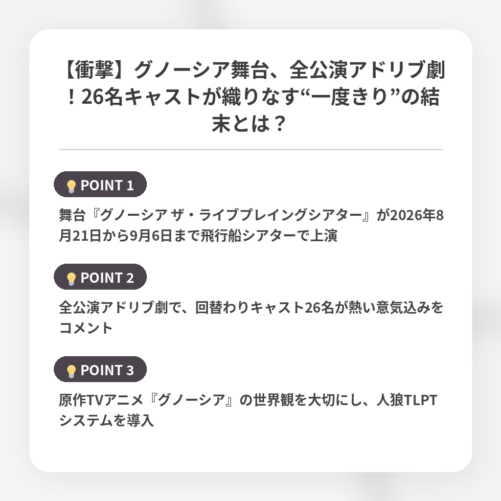 【衝撃】グノーシア舞台、全公演アドリブ劇!26名キャストが織りなす“一度きり”の結末とは?の注目ポイントまとめ