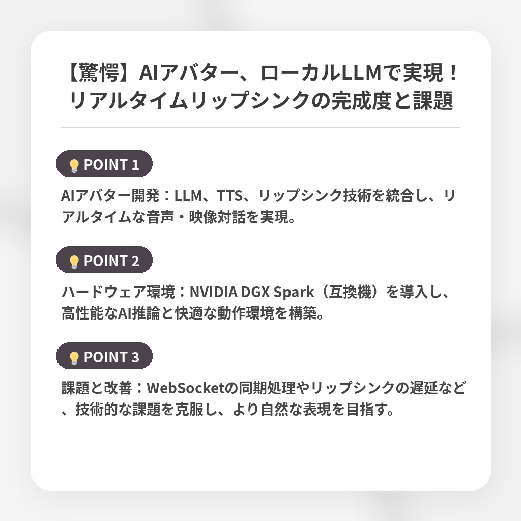 【驚愕】AIアバター、ローカルLLMで実現！リアルタイムリップシンクの完成度と課題の注目ポイントまとめ