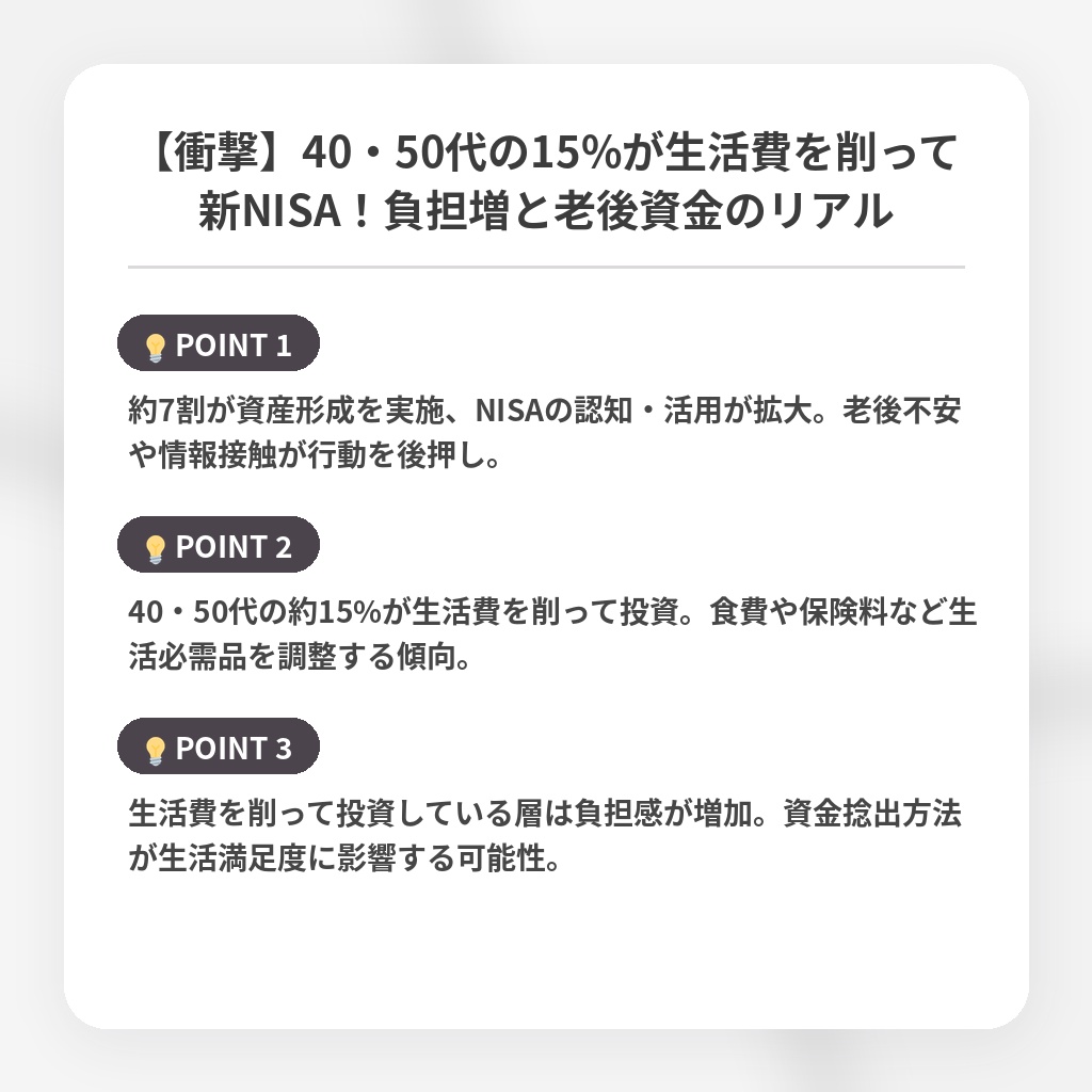 【衝撃】40・50代の15%が生活費を削って新NISA!負担増と老後資金のリアルの注目ポイントまとめ