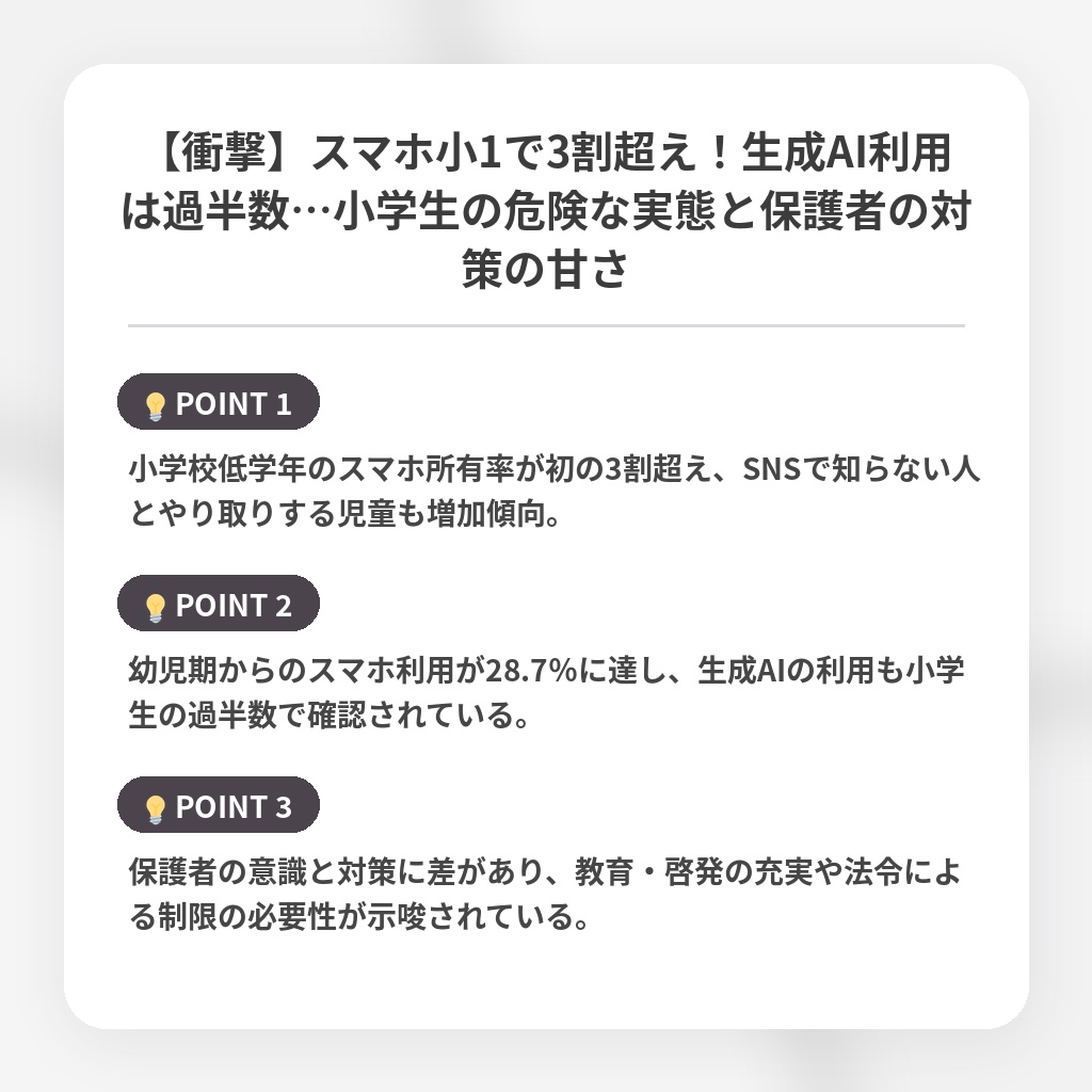 【衝撃】スマホ小1で3割超え！生成AI利用は過半数…小学生の危険な実態と保護者の対策の甘さの注目ポイントまとめ