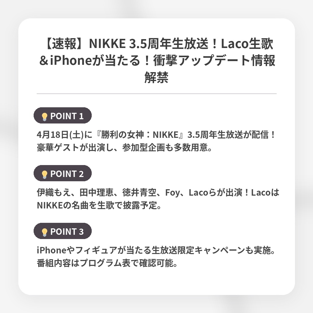 【速報】NIKKE 3.5周年生放送！Laco生歌＆iPhoneが当たる！衝撃アップデート情報解禁の注目ポイントまとめ