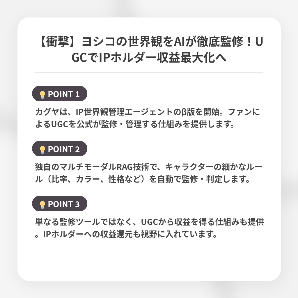 【衝撃】ヨシコの世界観をAIが徹底監修！UGCでIPホルダー収益最大化への注目ポイントまとめ