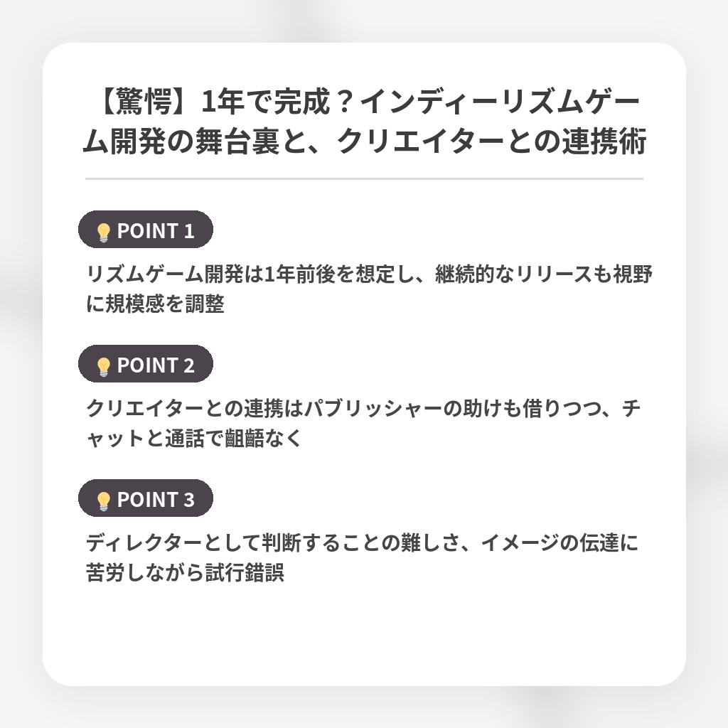 【驚愕】1年で完成?インディーリズムゲーム開発の舞台裏と、クリエイターとの連携術の注目ポイントまとめ