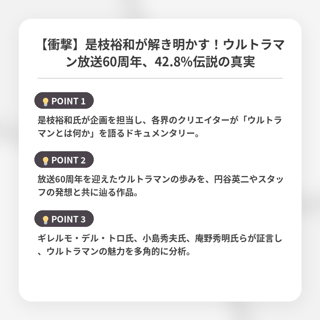 【衝撃】是枝裕和が解き明かす！ウルトラマン放送60周年、42.8%伝説の真実の注目ポイントまとめ