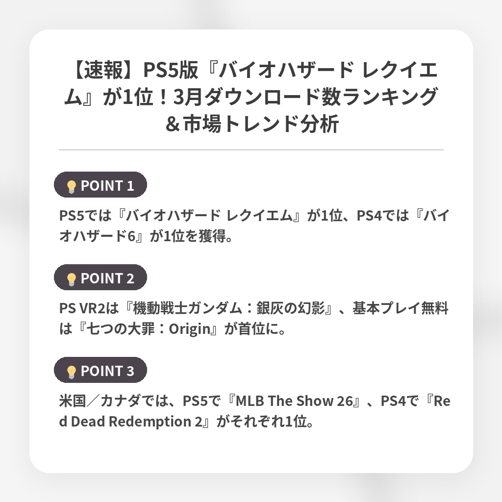 【速報】PS5版『バイオハザード レクイエム』が1位!3月ダウンロード数ランキング&市場トレンド分析の注目ポイントまとめ