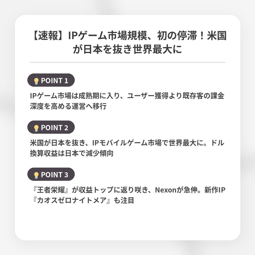 【速報】IPゲーム市場規模、初の停滞!米国が日本を抜き世界最大にの注目ポイントまとめ