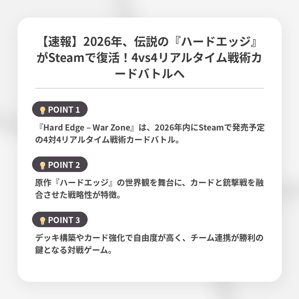 【速報】2026年、伝説の『ハードエッジ』がSteamで復活！4vs4リアルタイム戦術カードバトルへの注目ポイントまとめ