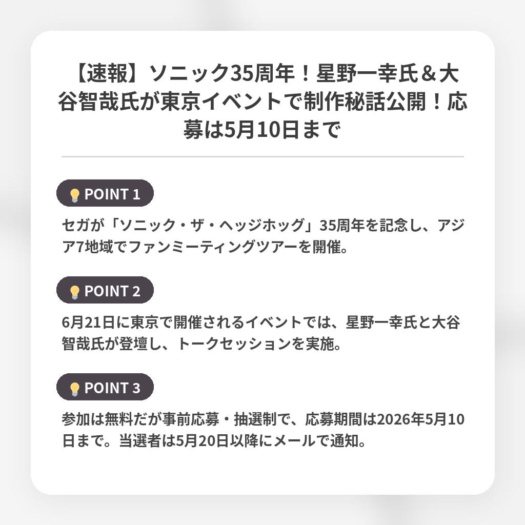 【速報】ソニック35周年！星野一幸氏＆大谷智哉氏が東京イベントで制作秘話公開！応募は5月10日までの注目ポイントまとめ