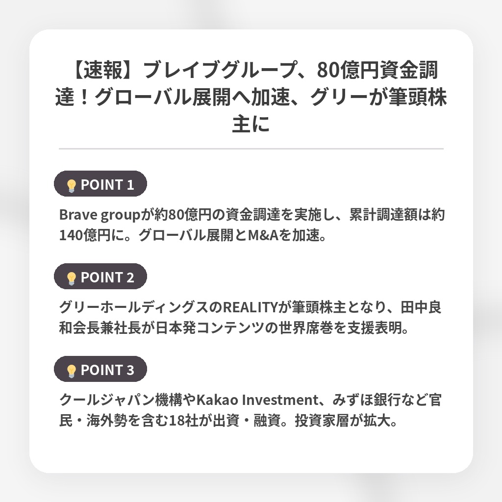 【速報】ブレイブグループ、80億円資金調達！グローバル展開へ加速、グリーが筆頭株主にの注目ポイントまとめ