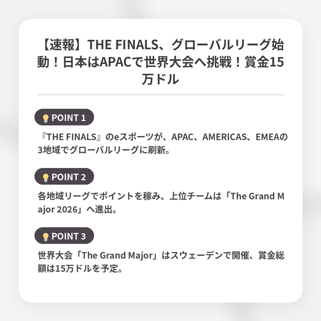 【速報】THE FINALS、グローバルリーグ始動！日本はAPACで世界大会へ挑戦！賞金15万ドルの注目ポイントまとめ