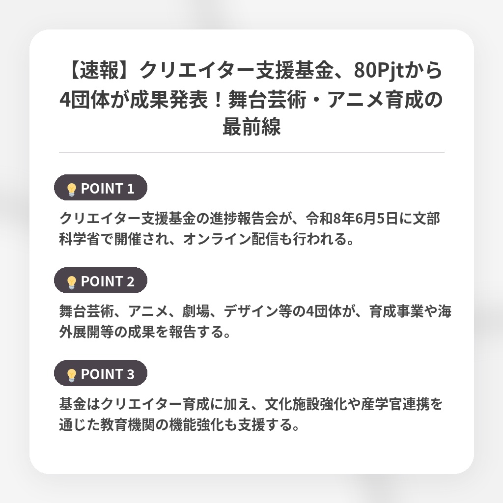 【速報】クリエイター支援基金、80Pjtから4団体が成果発表！舞台芸術・アニメ育成の最前線の注目ポイントまとめ