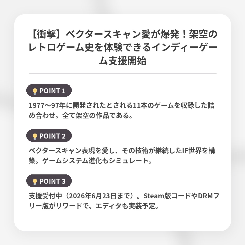 【衝撃】ベクタースキャン愛が爆発！架空のレトロゲーム史を体験できるインディーゲーム支援開始の注目ポイントまとめ