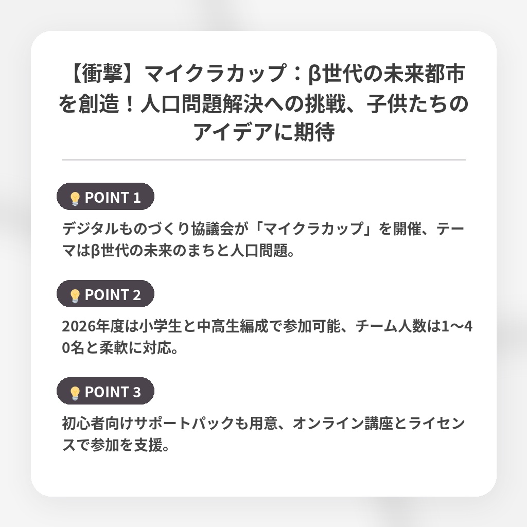 【衝撃】マイクラカップ:β世代の未来都市を創造!人口問題解決への挑戦、子供たちのアイデアに期待の注目ポイントまとめ