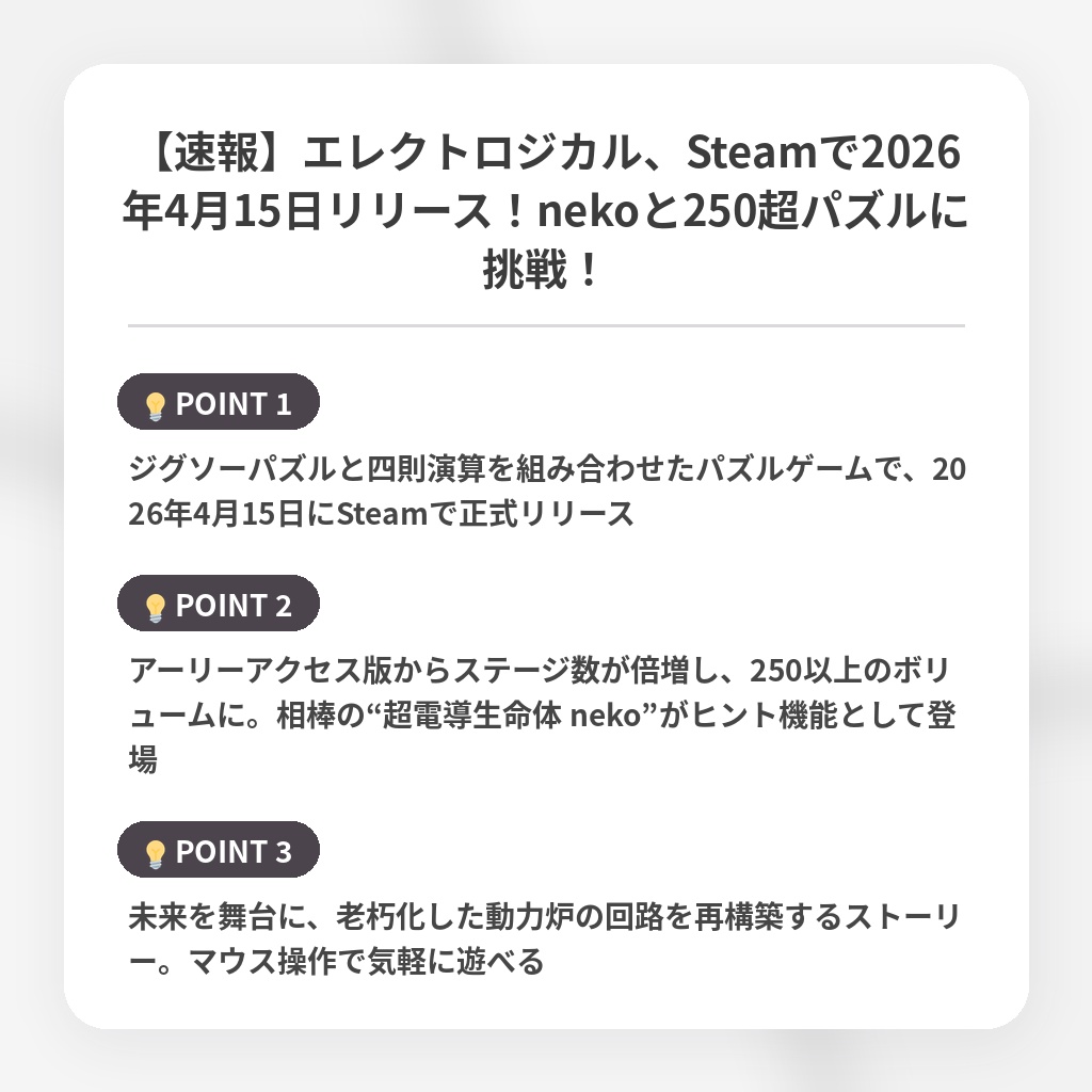 【速報】エレクトロジカル、Steamで2026年4月15日リリース！nekoと250超パズルに挑戦！の注目ポイントまとめ