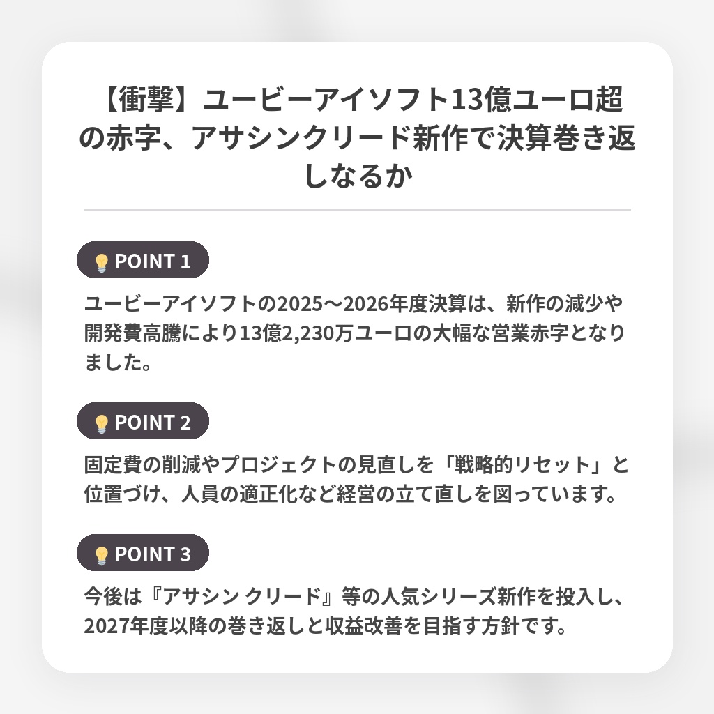 【衝撃】ユービーアイソフト13億ユーロ超の赤字、アサシンクリード新作で決算巻き返しなるかの注目ポイントまとめ