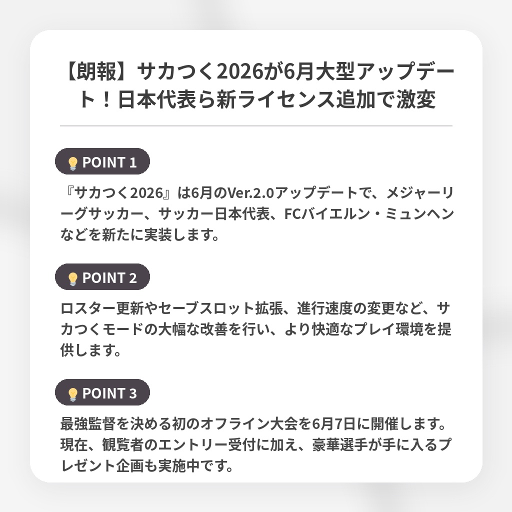 【朗報】サカつく2026が6月大型アップデート!日本代表ら新ライセンス追加で激変の注目ポイントまとめ
