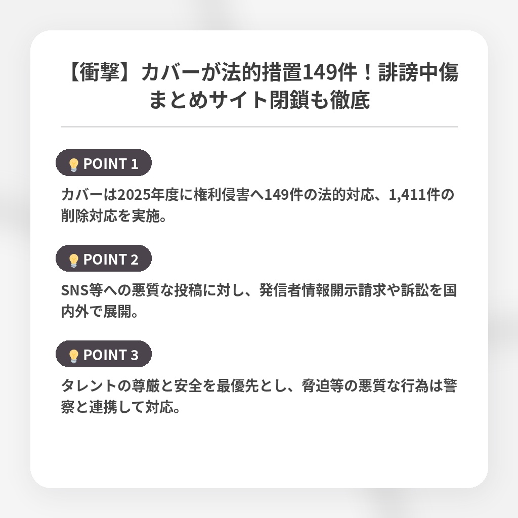 【衝撃】カバーが法的措置149件！誹謗中傷まとめサイト閉鎖も徹底の注目ポイントまとめ