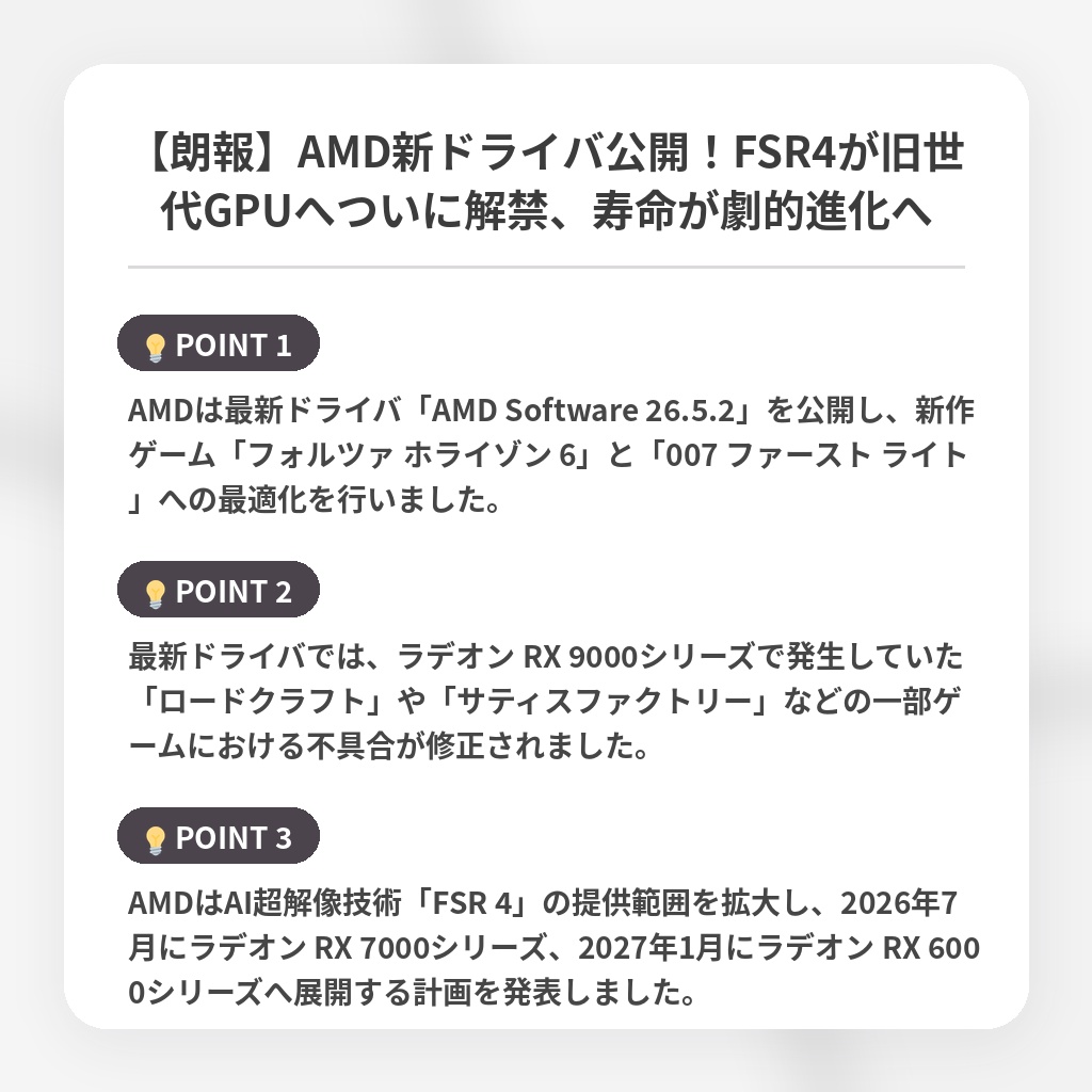 【朗報】AMD新ドライバ公開！FSR4が旧世代GPUへついに解禁、寿命が劇的進化への注目ポイントまとめ