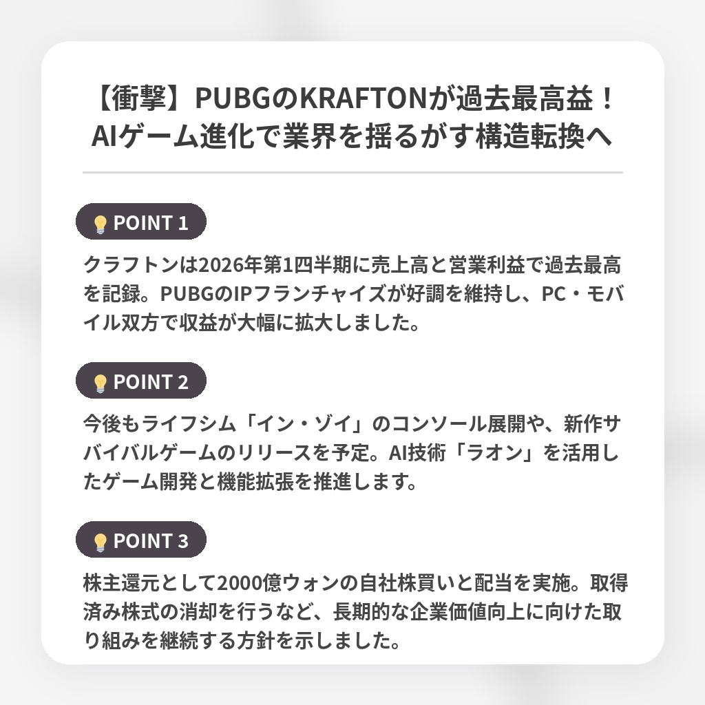 【衝撃】PUBGのKRAFTONが過去最高益！AIゲーム進化で業界を揺るがす構造転換への注目ポイントまとめ