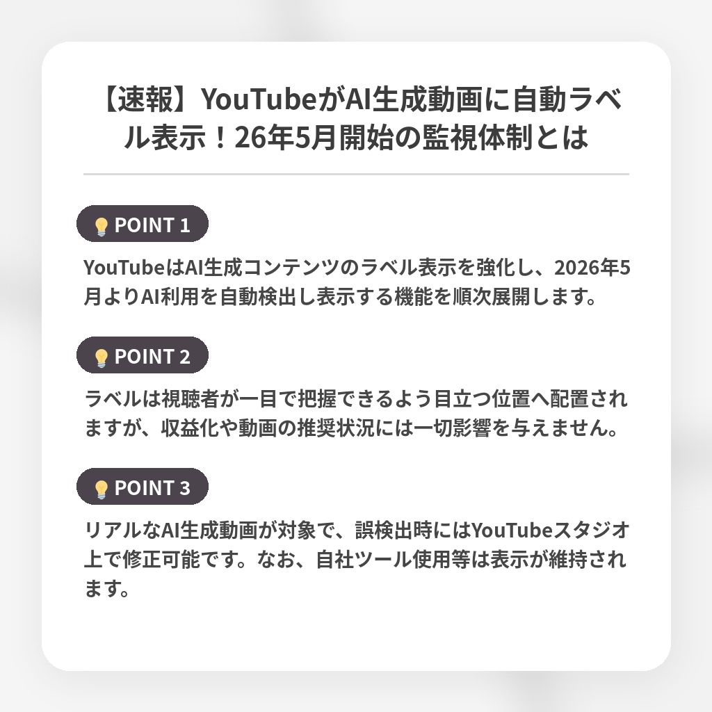 【速報】YouTubeがAI生成動画に自動ラベル表示!26年5月開始の監視体制とはの注目ポイントまとめ