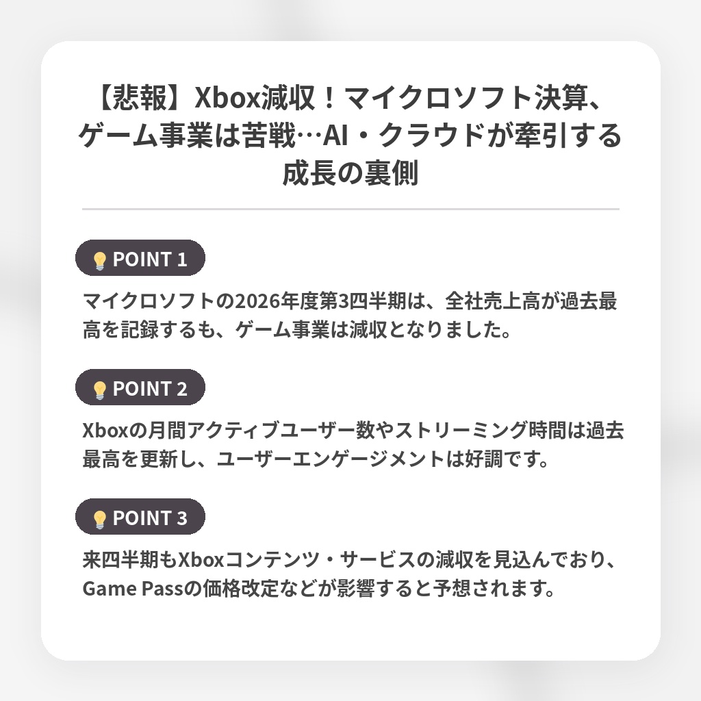 【悲報】Xbox減収！マイクロソフト決算、ゲーム事業は苦戦…AI・クラウドが牽引する成長の裏側の注目ポイントまとめ