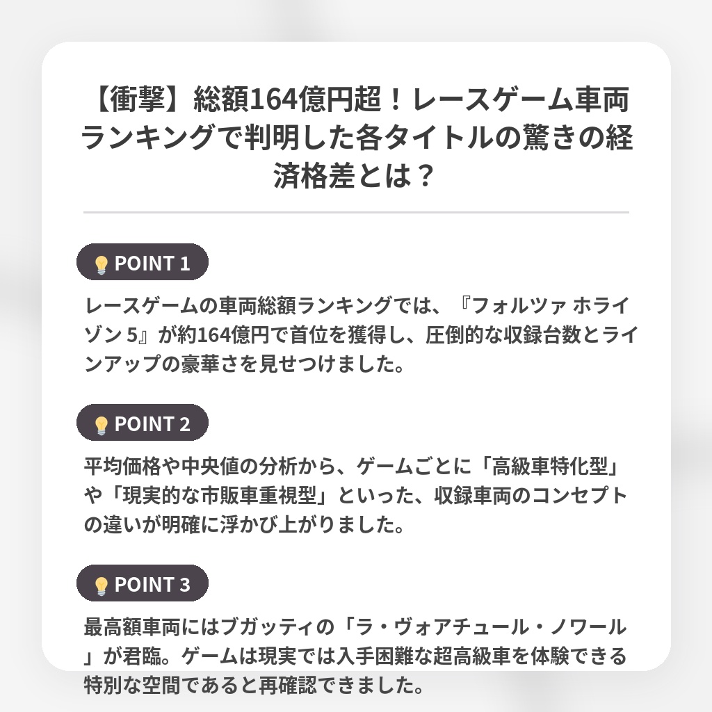 【衝撃】総額164億円超!レースゲーム車両ランキングで判明した各タイトルの驚きの経済格差とは?の注目ポイントまとめ