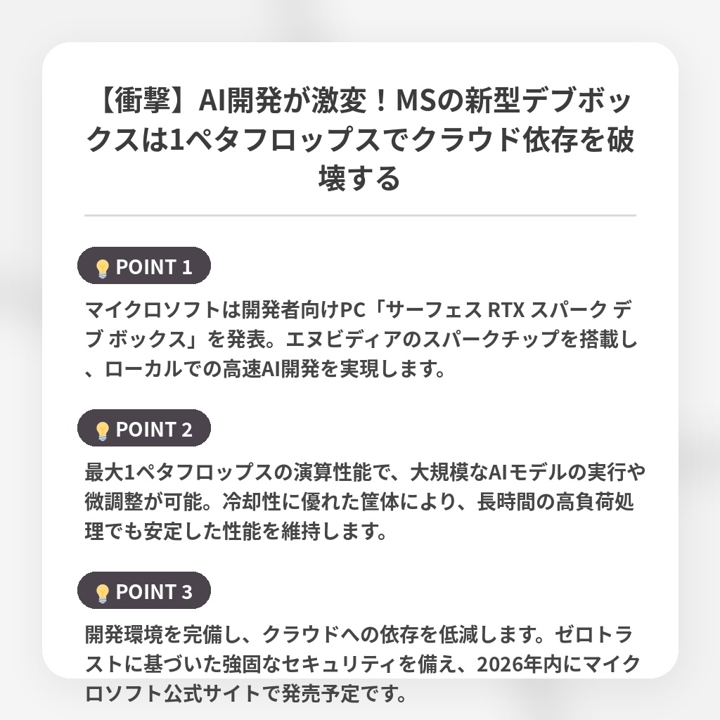 【衝撃】AI開発が激変！MSの新型デブボックスは1ペタフロップスでクラウド依存を破壊するの注目ポイントまとめ