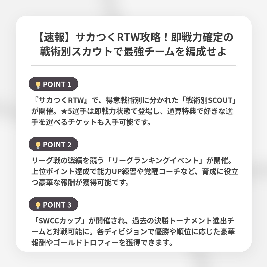 【速報】サカつくRTW攻略！即戦力確定の戦術別スカウトで最強チームを編成せよの注目ポイントまとめ
