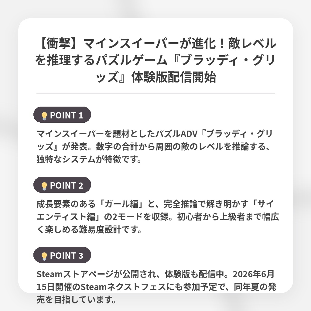 【衝撃】マインスイーパーが進化！敵レベルを推理するパズルゲーム『ブラッディ・グリッズ』体験版配信開始の注目ポイントまとめ
