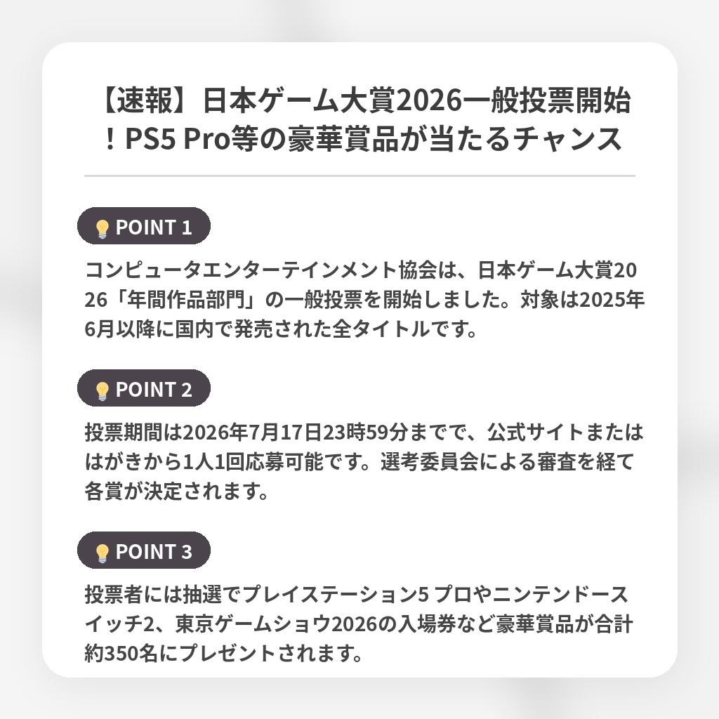 【速報】日本ゲーム大賞2026一般投票開始!PS5 Pro等の豪華賞品が当たるチャンスの注目ポイントまとめ