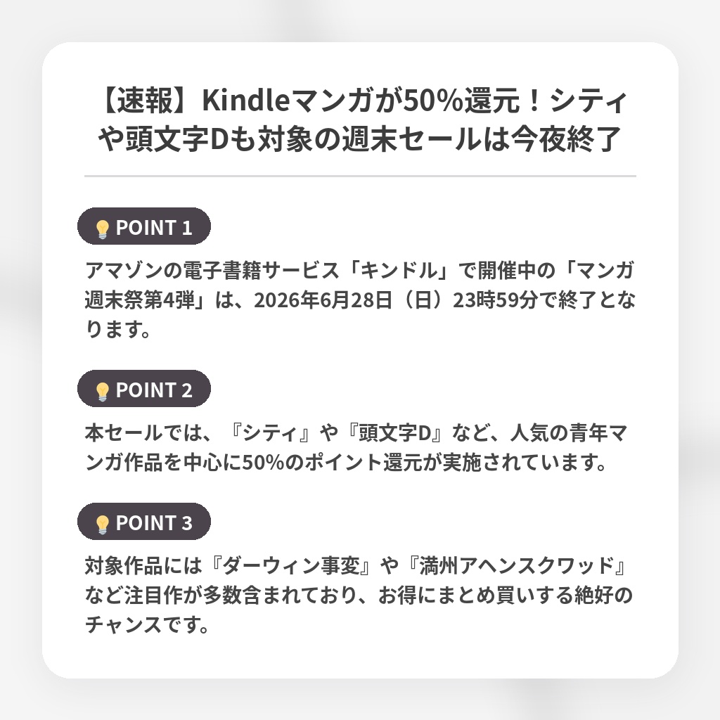【速報】Kindleマンガが50％還元！シティや頭文字Dも対象の週末セールは今夜終了の注目ポイントまとめ