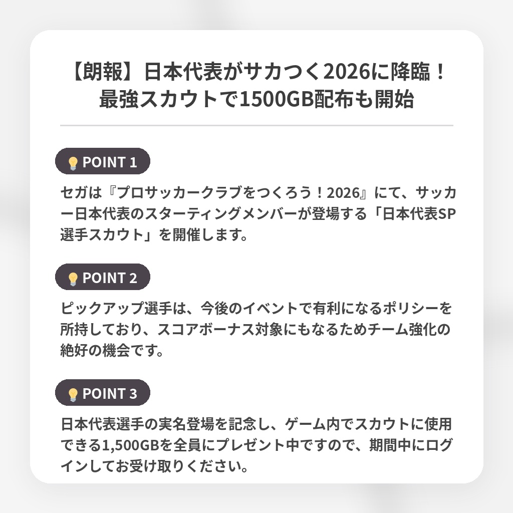 【朗報】日本代表がサカつく2026に降臨！最強スカウトで1500GB配布も開始の注目ポイントまとめ