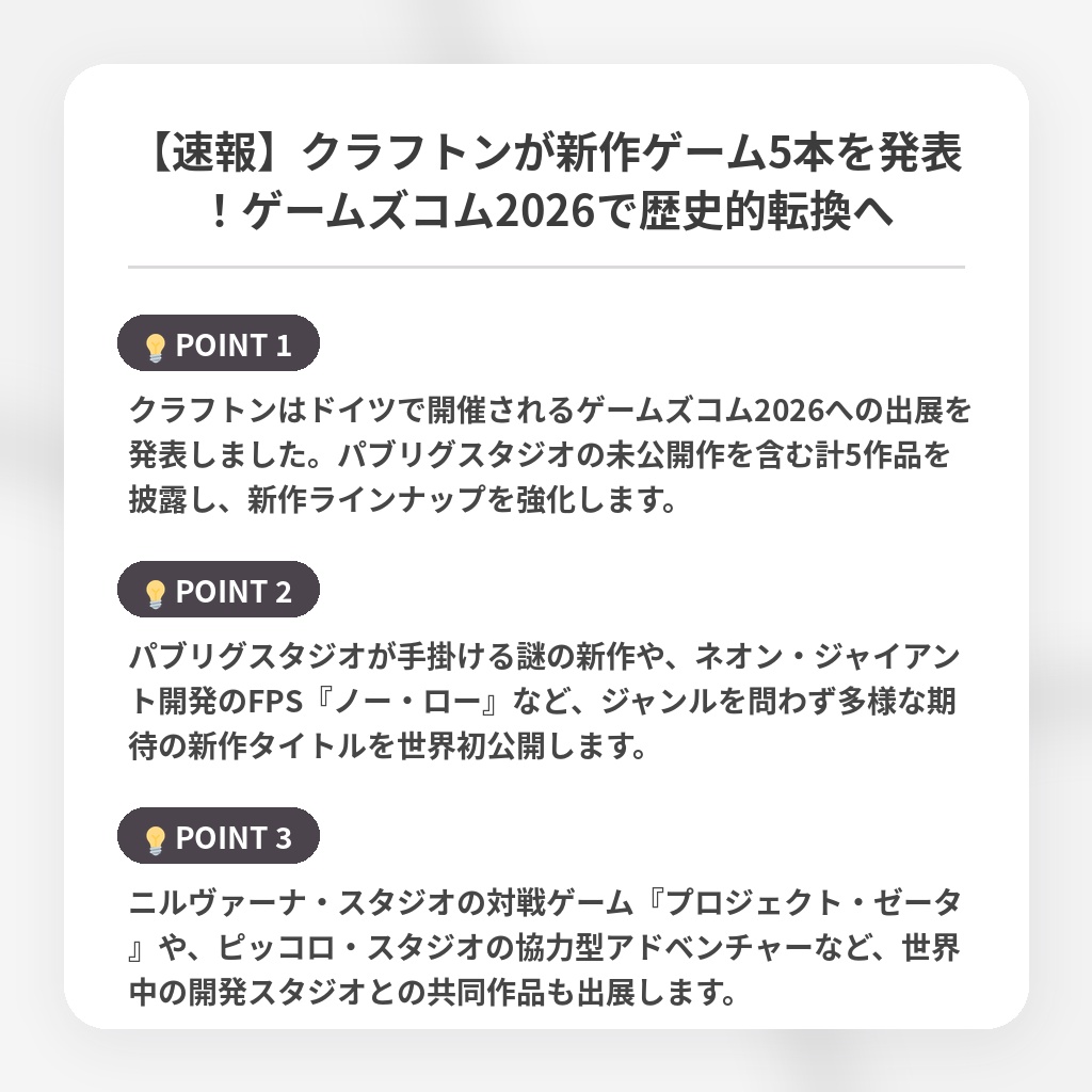 【速報】クラフトンが新作ゲーム5本を発表！ゲームズコム2026で歴史的転換への注目ポイントまとめ