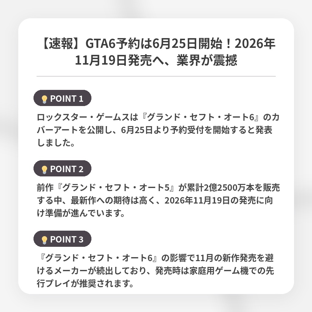 【速報】GTA6予約は6月25日開始!2026年11月19日発売へ、業界が震撼の注目ポイントまとめ