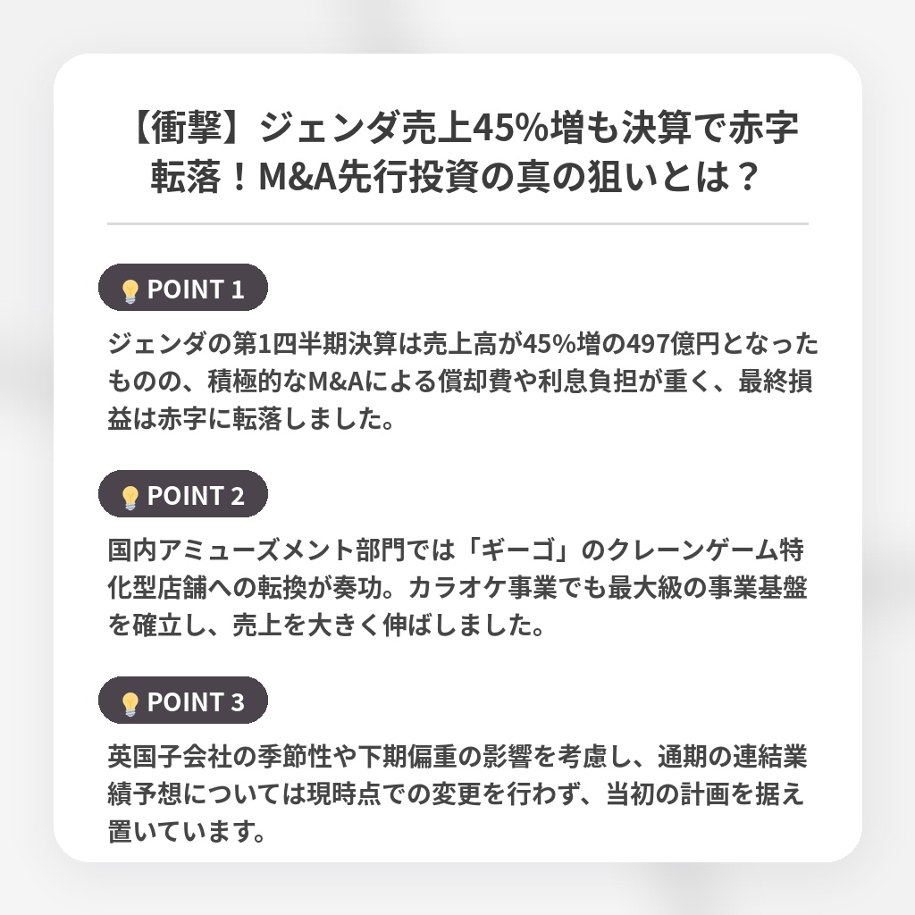 【衝撃】ジェンダ売上45%増も決算で赤字転落！M&A先行投資の真の狙いとは？の注目ポイントまとめ