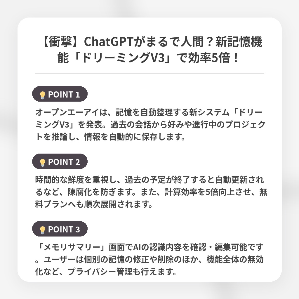 【衝撃】ChatGPTがまるで人間？新記憶機能「ドリーミングV3」で効率5倍！の注目ポイントまとめ