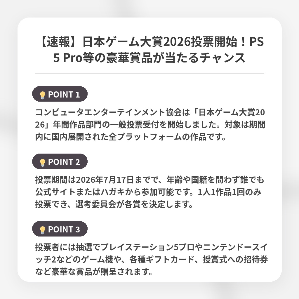 【速報】日本ゲーム大賞2026投票開始！PS5 Pro等の豪華賞品が当たるチャンスの注目ポイントまとめ