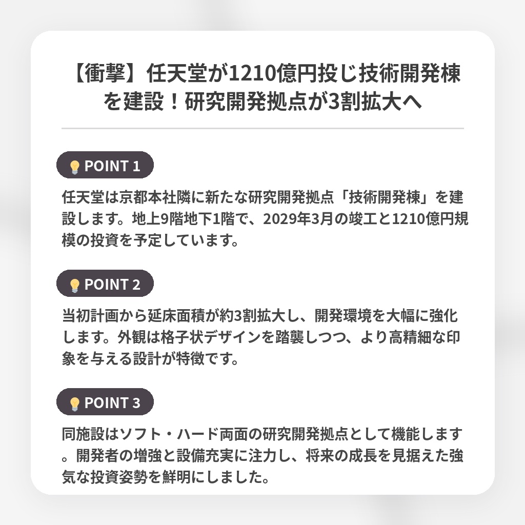【衝撃】任天堂が1210億円投じ技術開発棟を建設！研究開発拠点が3割拡大への注目ポイントまとめ
