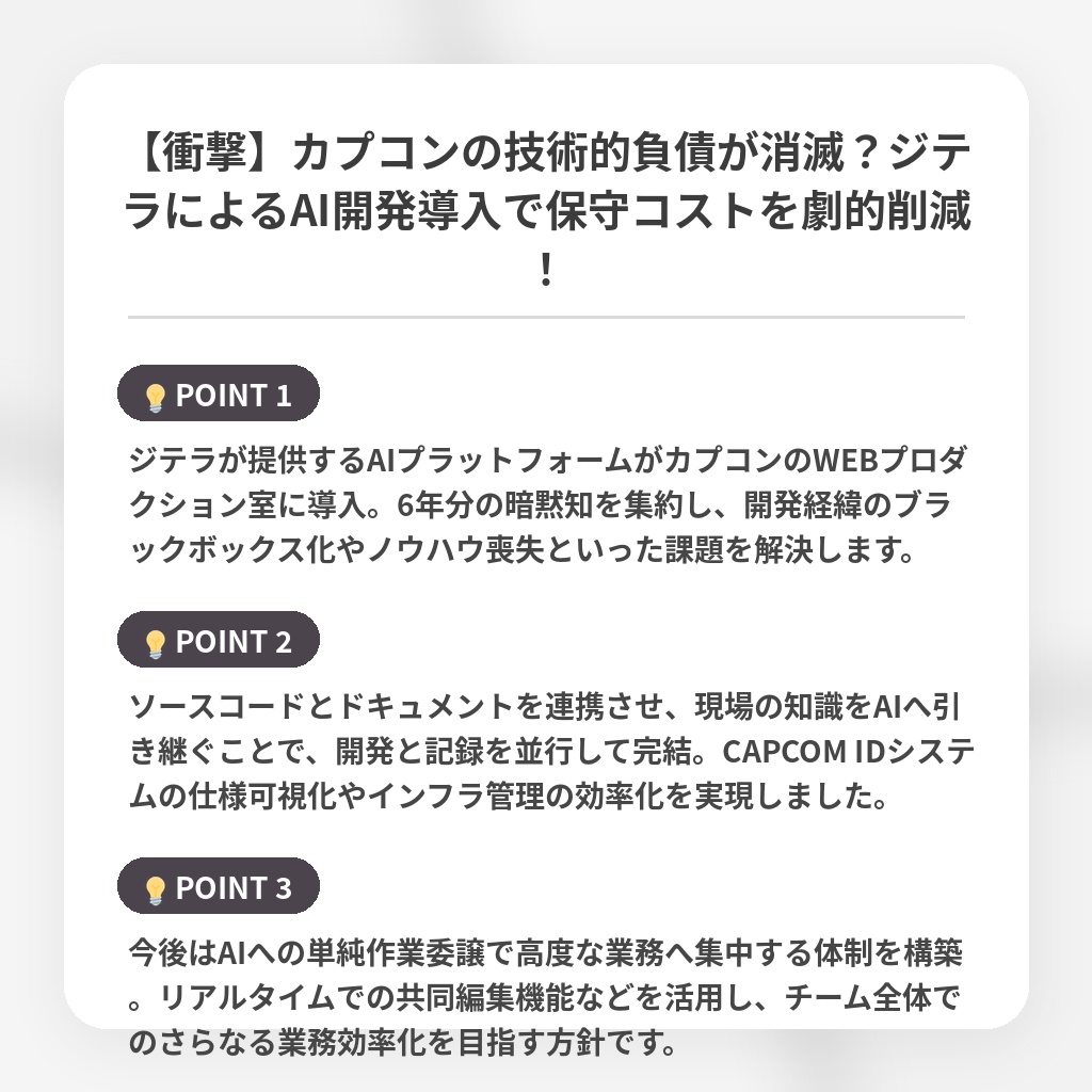【衝撃】カプコンの技術的負債が消滅?ジテラによるAI開発導入で保守コストを劇的削減!の注目ポイントまとめ