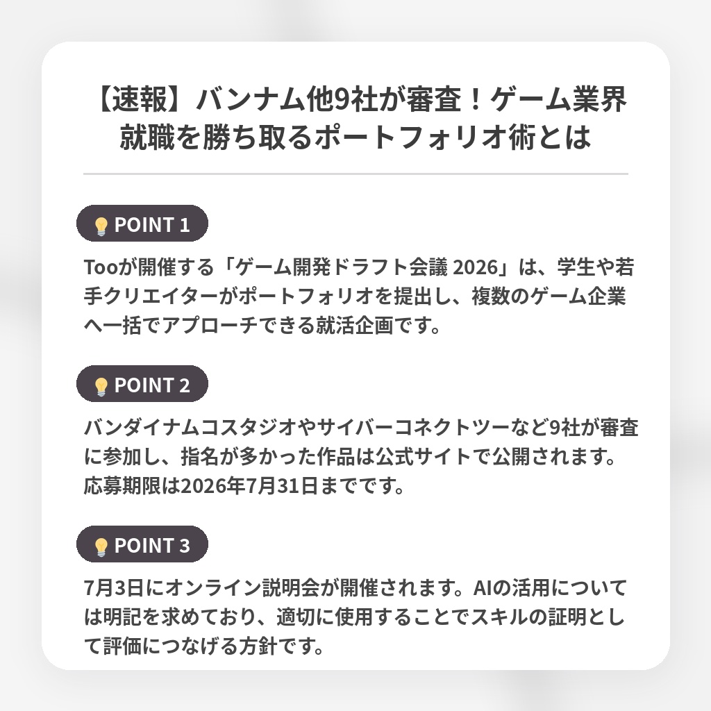 【速報】バンナム他9社が審査！ゲーム業界就職を勝ち取るポートフォリオ術とはの注目ポイントまとめ