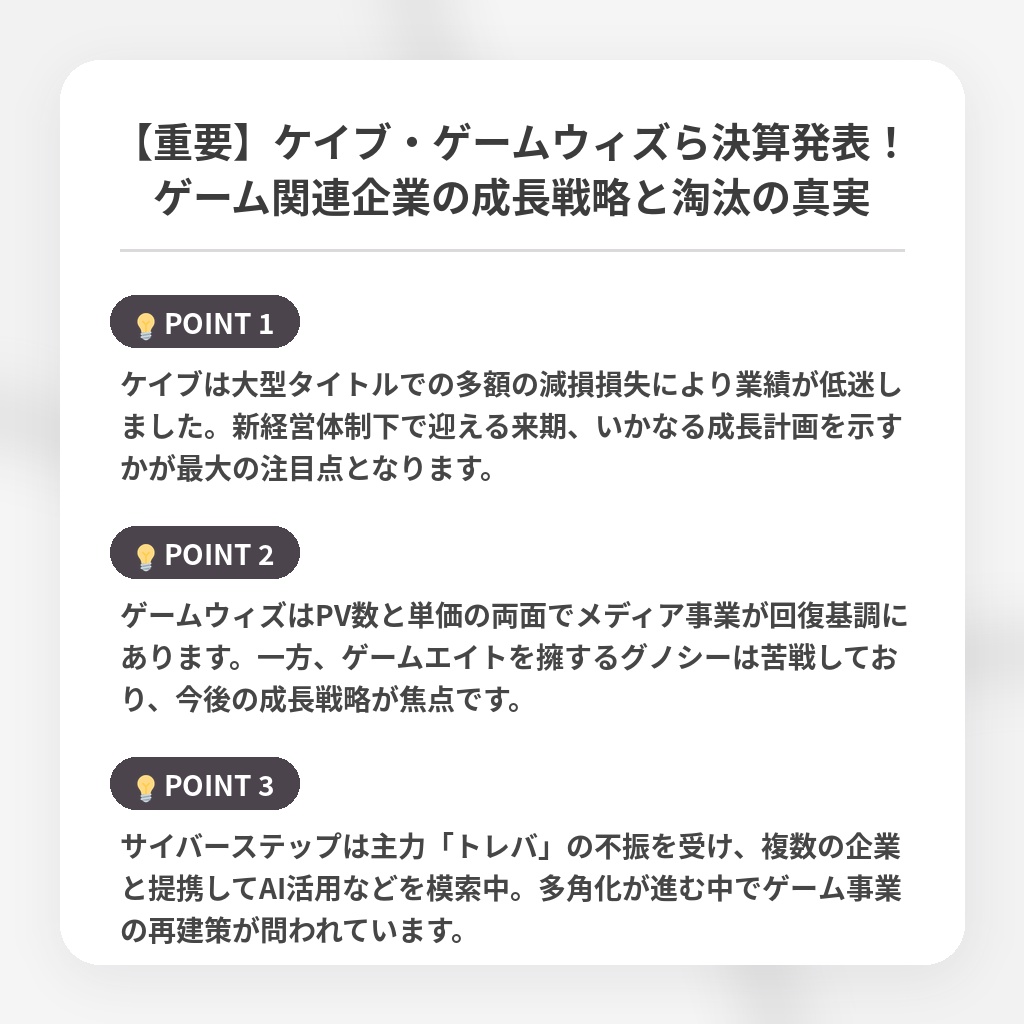 【重要】ケイブ・ゲームウィズら決算発表！ゲーム関連企業の成長戦略と淘汰の真実の注目ポイントまとめ